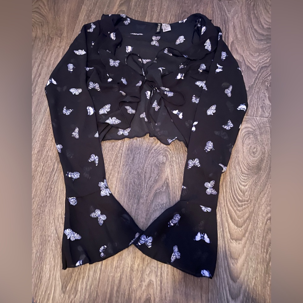 Size XS, Mesh coverup/blouse, black with blue butterflies. From H&M